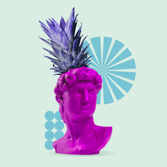 New look. Statue as an pineapple on blue background with geometric elements. Negative space to...
