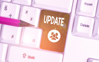 Handwriting text writing Update. Conceptual photo make something more modern or up to date like software programs White pc keyboard with empty note paper above white background key copy space