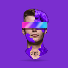 Human of art. Male head with gradients element. Looking of world throught the glass. Negative space to insert your text. Modern design. Contemporary colorful and conceptual bright art collage.