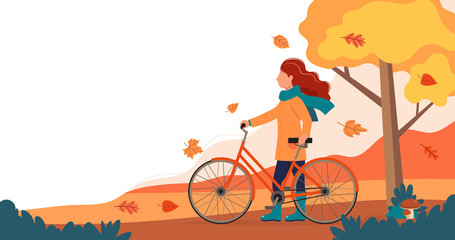 Fototapeta na wymiar Girl with bike in the park in autumn. Cute vector illustration in flat style.