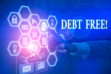 Writing note showing Debt Free. Business concept for does not owning any money to any individual or companies Picture photo network scheme with modern smart device