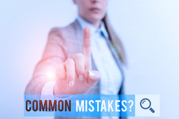Writing note showing Common Mistakes question. Business concept for repeat act or judgement...