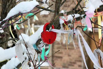 lock in the form of a heart of lovers on the branches of a snow-covered tree
