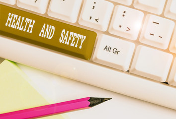 Text sign showing Health And Safety question. Business photo showcasing regulations and procedures intended to prevent accident White pc keyboard with empty note paper above white background key copy