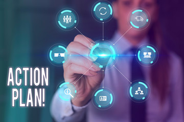 Conceptual hand writing showing Action Plan. Concept meaning proposed strategy or course of actions for certain time Picture photo network scheme with modern smart device