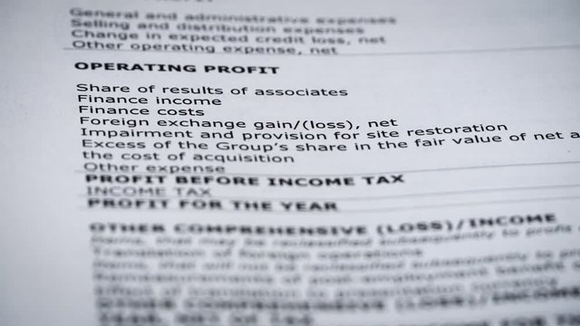 Finance statement report of company. revenue and profit statistics