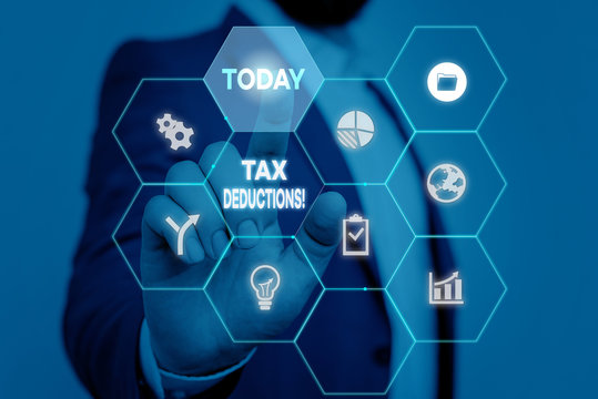 Handwriting text writing Tax Deductions. Conceptual photo reduction income that is able to be taxed of expenses Picture photo system network scheme modern technology smart device