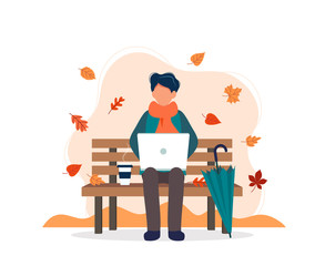 Man with laptop sitting on bench in autumn. Vector illustration in flat style