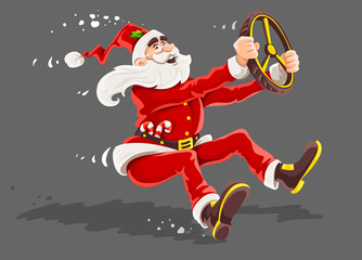 Christmas Santa Claus drives vehicle with wheel of virtual car. High-speed driving to holiday Cartoon character in red suit with beard symbol of christmas. Isolated gray. Vector illustration.