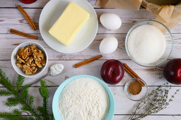 cooking apple pie do it yourself. photo from a series of pictures about cake preparation. tutorial. top view, flat lay. photo 1 variant 2, prepared ingredients for making cake