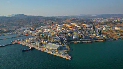 Obraz na płótnie Canvas Aerial photo of industrial oil and gas refinery in Elefsina area, Attica, Greece