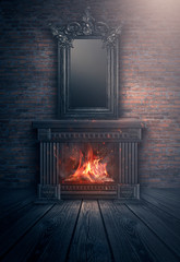 Fototapety  Dark room with brick walls. Wooden fireplace, a fire burns. Interior scene, night view of the room. Magical atmosphere.