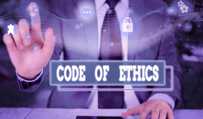 Text sign showing Code Of Ethics. Business photo showcasing basic guide for professional conduct and imposes duties Picture photo system network scheme modern technology smart device