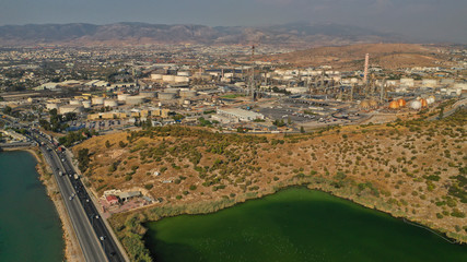 Fototapeta na wymiar Aerial drone photo of industrial refinery of Hellenic Public Petroleum company in gulf of Aspropirgos, Attica, Greece