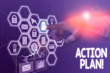 Fototapeta premium Conceptual hand writing showing Action Plan. Concept meaning proposed strategy or course of actions for certain time Picture photo network scheme with modern smart device