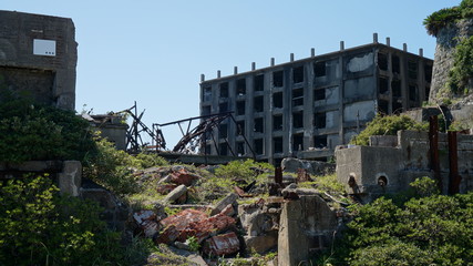 Gunkanjima is an abandoned city of a coal miners on the Hashima island in Japan.