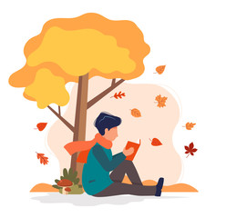Obraz na płótnie Canvas Man sitting with book under the tree in autumn. Vector illustration in flat style
