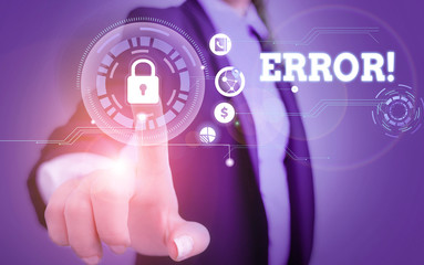 Word writing text Error. Business photo showcasing state or condition of being wrong in conduct...