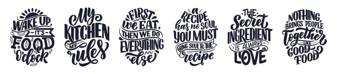 Set with vector quotes in hand drawn unique typography style, elements for greeting cards, decoration, prints and posters. Handwritten lettering about food and cooking.