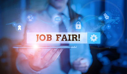 Conceptual hand writing showing Job Fair. Concept meaning event in which employers recruiters give information to employees Picture photo network scheme with modern smart device