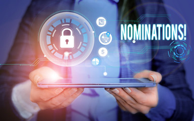 Writing note showing Nominations. Business concept for action of nominating or state being nominated for prize Picture photo network scheme with modern smart device