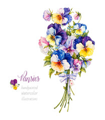 Pansies. Violets. Bouquet of flowers. Botanical watercolor illustration.