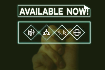 Text sign showing Available Now. Business photo text you can find it obtain or operable at this current moment Picture photo system network scheme modern technology smart device
