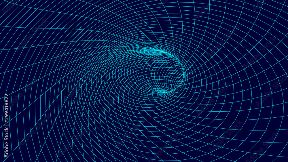 Fototapete tunnel or wormhole. wireframe 3d surface tunnel grid.