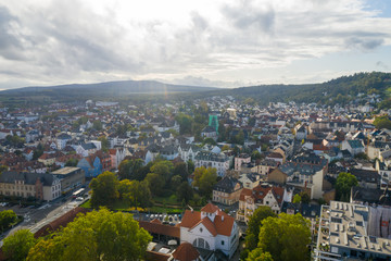 An aerial panorama of Bad Nauheim (Germany) with autumn trees