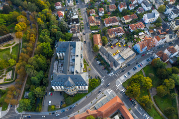 An aerial panorama of Bad Nauheim (Germany) with autumn trees