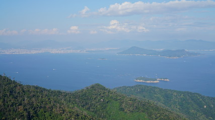 Panoramic view from the top of mountain Misen on Miyajima island in Japan.