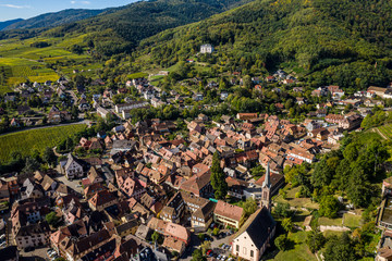 An aerial panorama of Ribeauvillé (France) with vineyards
