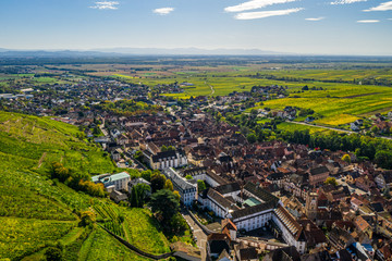 An aerial panorama of Ribeauvillé (France) with vineyards