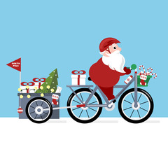Christmas scene - Santa Claus riding a bike with gifts