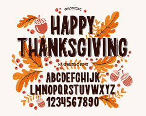 Font thanksgiving day. Typography alphabet with colorful autumn illustrations.