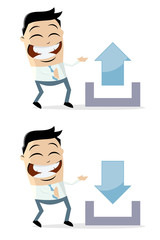 funny cartoon illustration of an asian businessman with upload and download sign