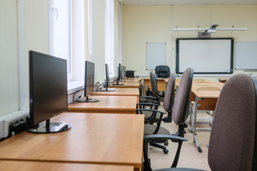 Moscow, Russia - September, 19, 2019: computer classroom image at school