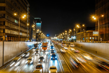 Fototapeta na wymiar Moscow, Russia - October, 13, 2019: night traffic in Moscow, Russia