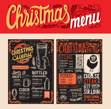 Christmas and New Year food menu template for restaurant. Vector illustration for holiday dinner with lettering.