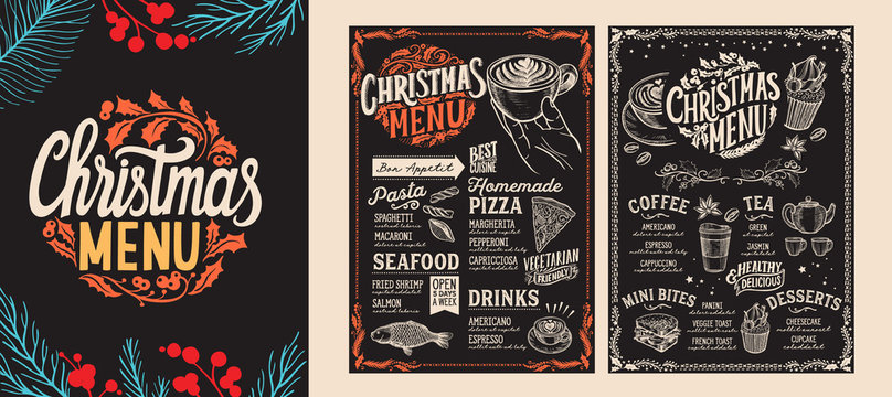 Christmas and New Year food menu template for restaurant. Vector illustration for holiday dinner with lettering.