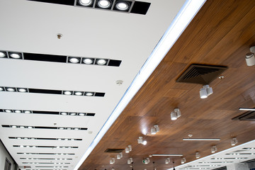 Shopping center led lighting. Ceiling lights in the mall. Ventilation and fire alarm system...