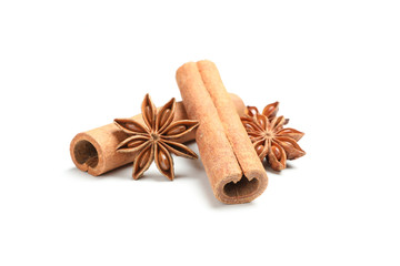Cinnamon sticks and fragrant anise isolated on white background