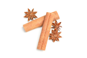 Cinnamon sticks and fragrant anise isolated on white background