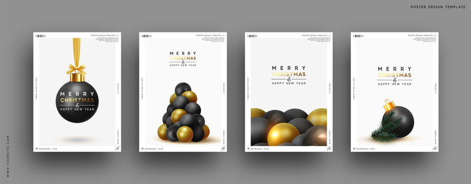Merry Christmas and Happy New Year. Festive background with round Xmas balls, Christmas tree, pine shape. Realistic decorative design elements. Set Poster, cover, banner. Vector 3d object black color