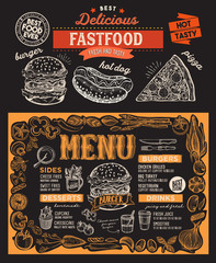 Burger menu food template for restaurant with doodle hand-drawn graphic.