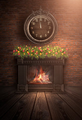Fototapety  Dark room with brick walls. Wooden fireplace, a fire burns. Interior scene, night view of the room. Big clock over the fireplace. The magical atmosphere of Christmas and New Year.