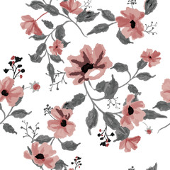 Hand drawn colorful blooming flowers botanical floral and leaves background vector seamless pattern 