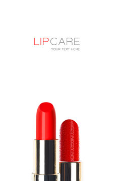 Two tubes of red lipstick. Beauty and makeup concept. Long lasting red lip color