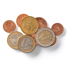 Euro coins isolated over white background closeup. Money concept. Top view, flat lay