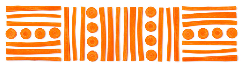 Creative layout of sliced carrot. Vegetable pattern. Food background isolated over white. Flat lay,...